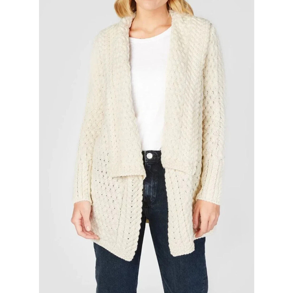 IrelandsEye Glenross Waterfall Cardigan Sweater Wool Natural Chunky Knit Medium - Picture 13 of 16